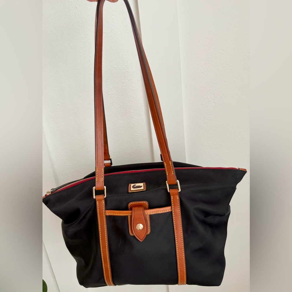 Dooney and Bourke Black Tote Bag with Camel Brown Leather Accents